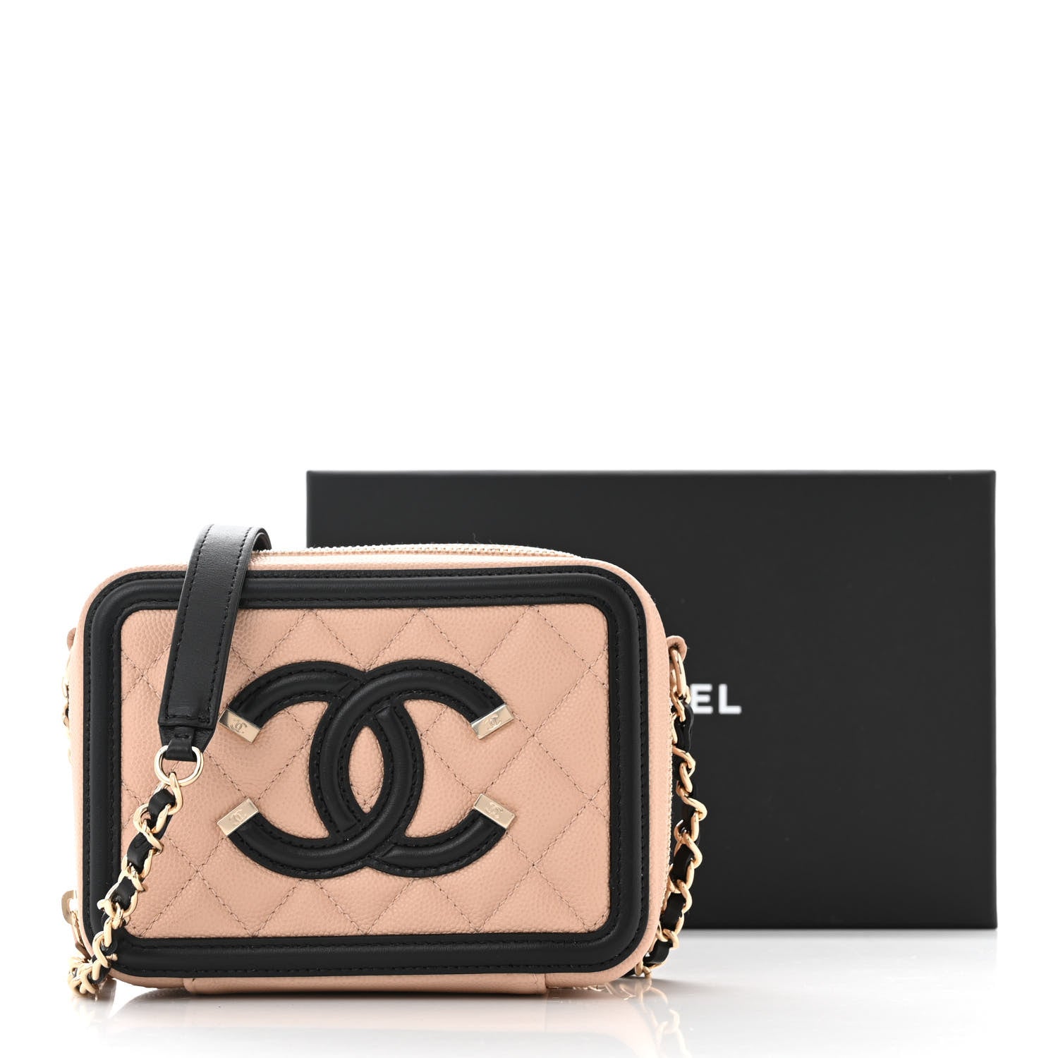 Chanel Caviar Quilted CC Filigree Vanity Clutch With Chain Beige Black 11 of 11