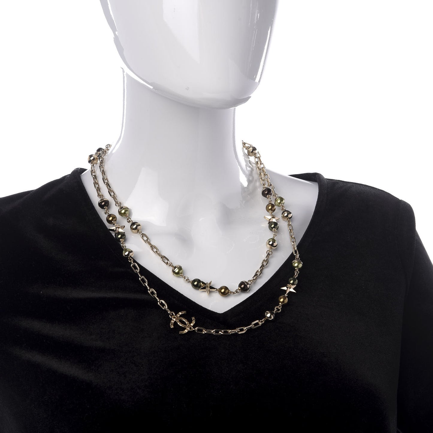 Beaded Star CC Long Necklace Green Gold