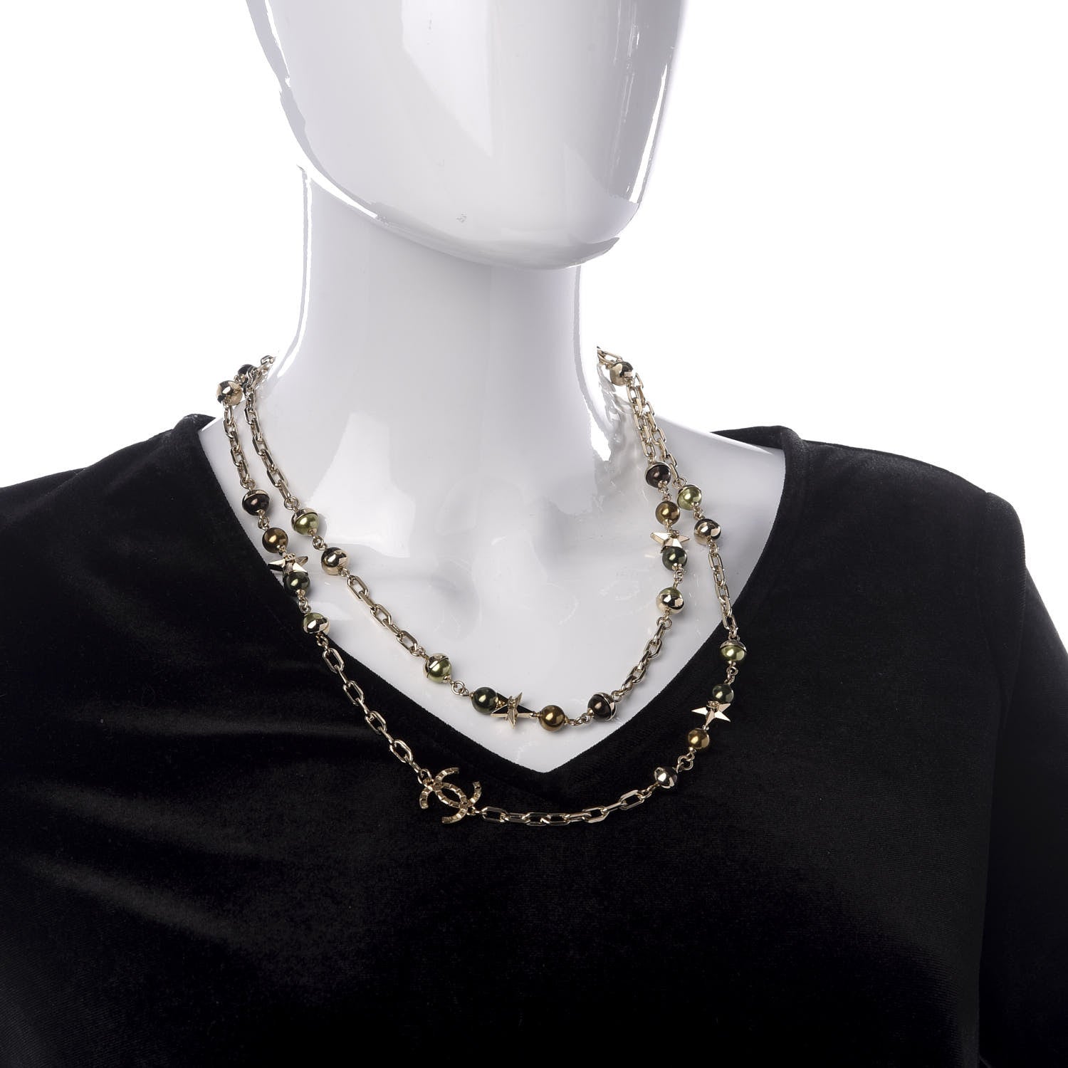 Chanel Beaded Star CC Long Necklace Green Gold 2 of 5