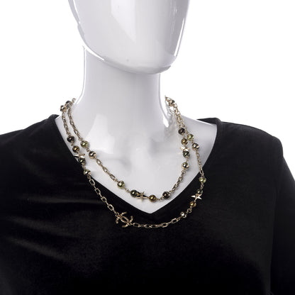 Chanel Beaded Star CC Long Necklace Green Gold 2 of 5