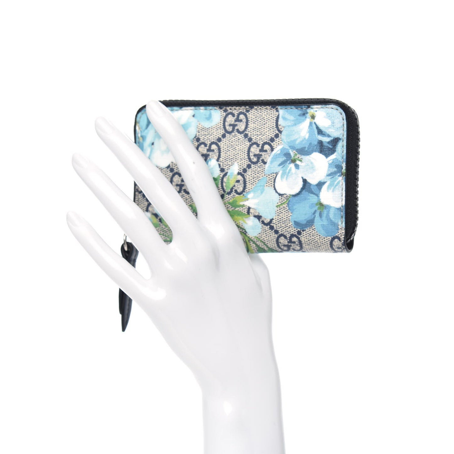 GG Supreme Monogram Blooms Zip Around Card Case Wallet Beige Blue Navy