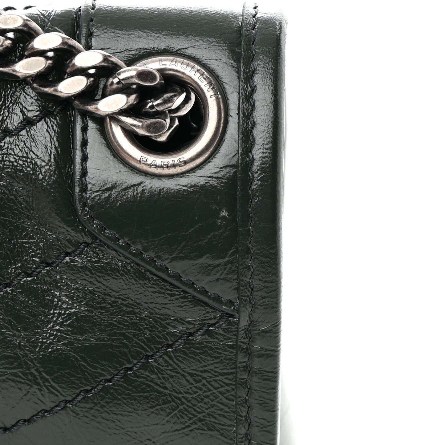 SAINT LAURENT Crinkled Lambskin Matelasse Monogram Medium Niki Chain Satchel Green