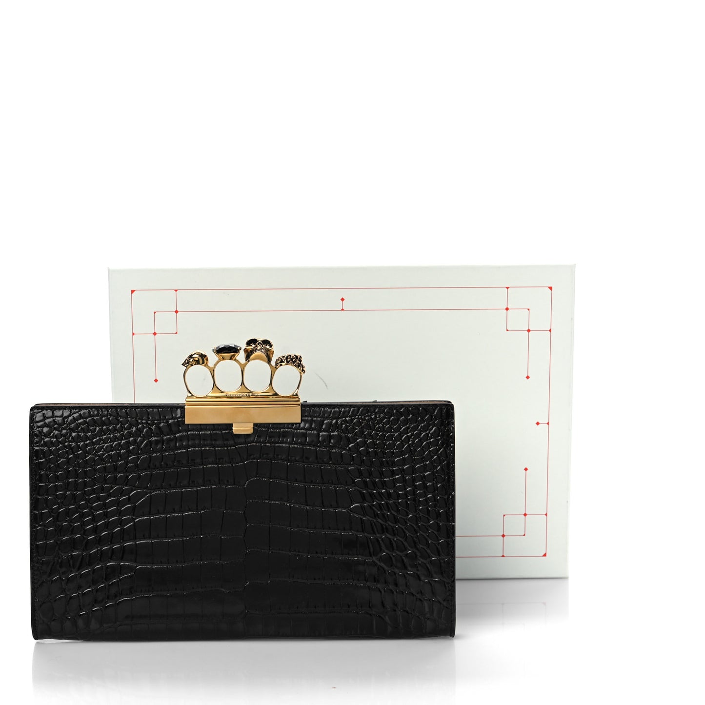 Calfskin Crocodile Embossed Knuckle Flat Clutch Black Gold