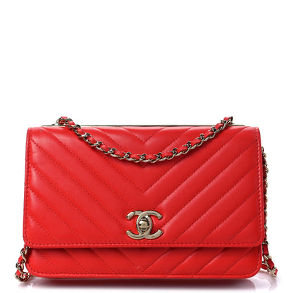 Chanel Lambskin Chevron Quilted Trendy CC Wallet On Chain WOC Red 1 of 15