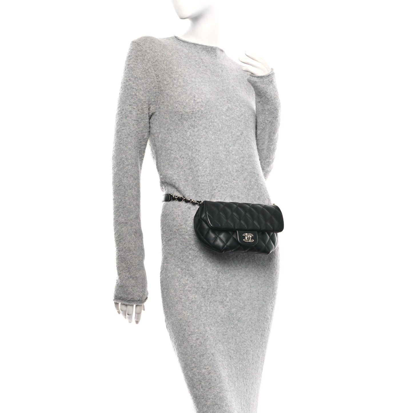 Calfskin Quilted CC Uniform Flap Belt Bag Black