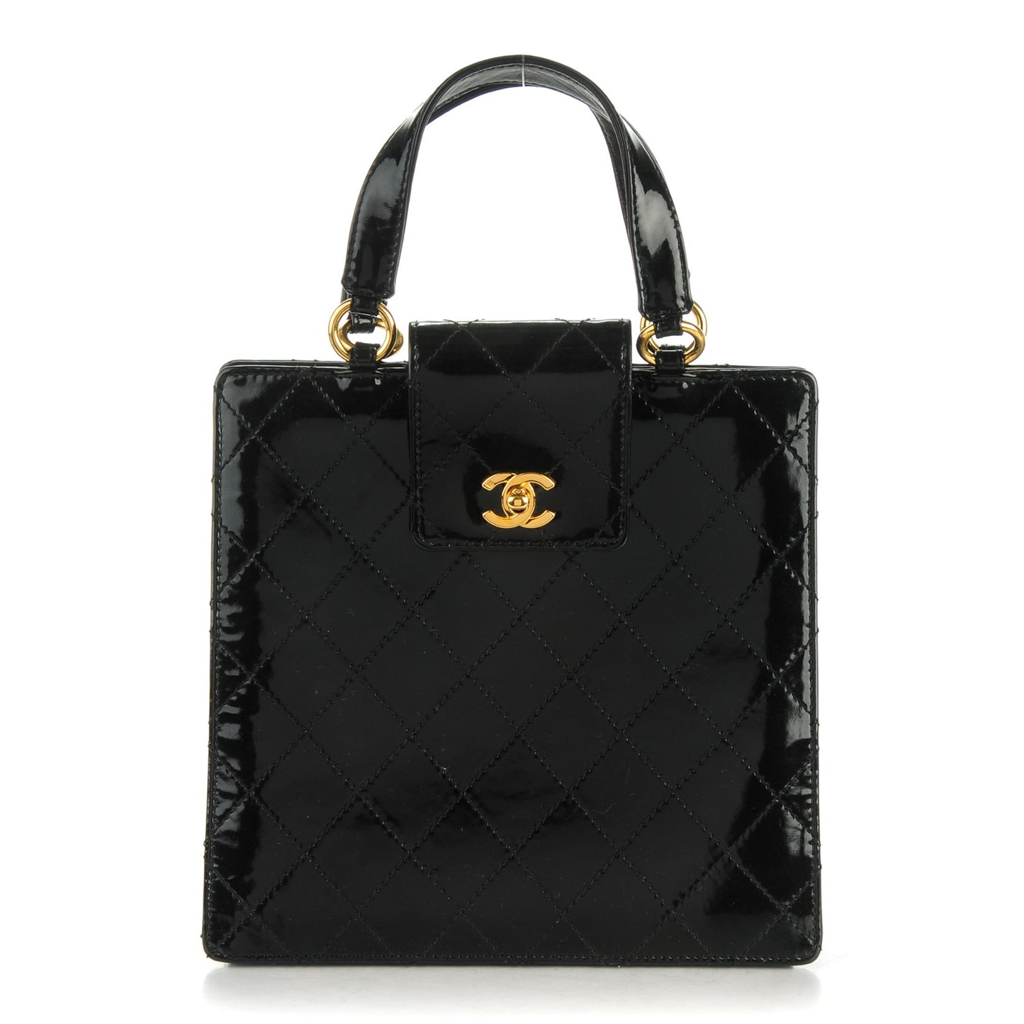 Patent Quilted Top Handle Tote Black