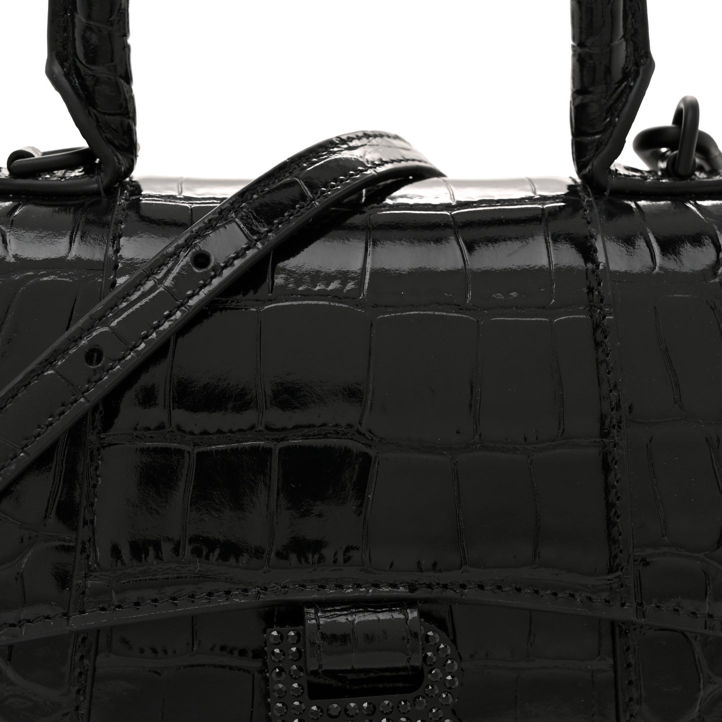 Shiny Calfskin Monochrome Crocodile Embossed Strass Hourglass Top Handle Bag XS Black