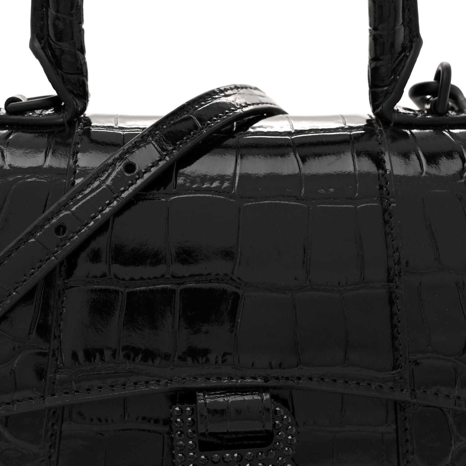 Balenciaga Shiny Calfskin Monochrome Crocodile Embossed Strass Hourglass Top Handle Bag XS Black 9 of 11
