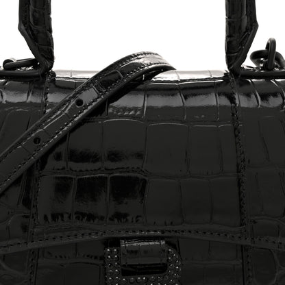 Balenciaga Shiny Calfskin Monochrome Crocodile Embossed Strass Hourglass Top Handle Bag XS Black 9 of 11