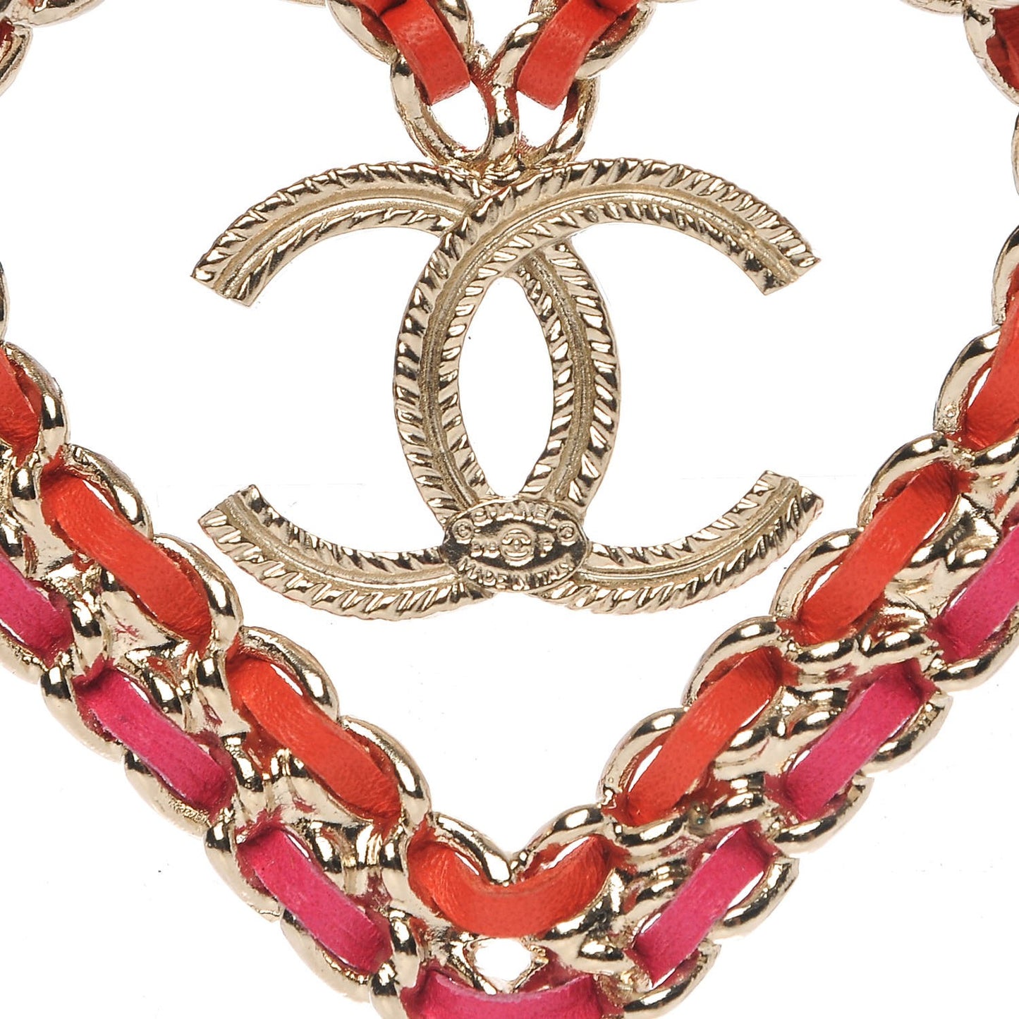Metal Calfskin Braided Heart CC Brooch Pink Red Gold