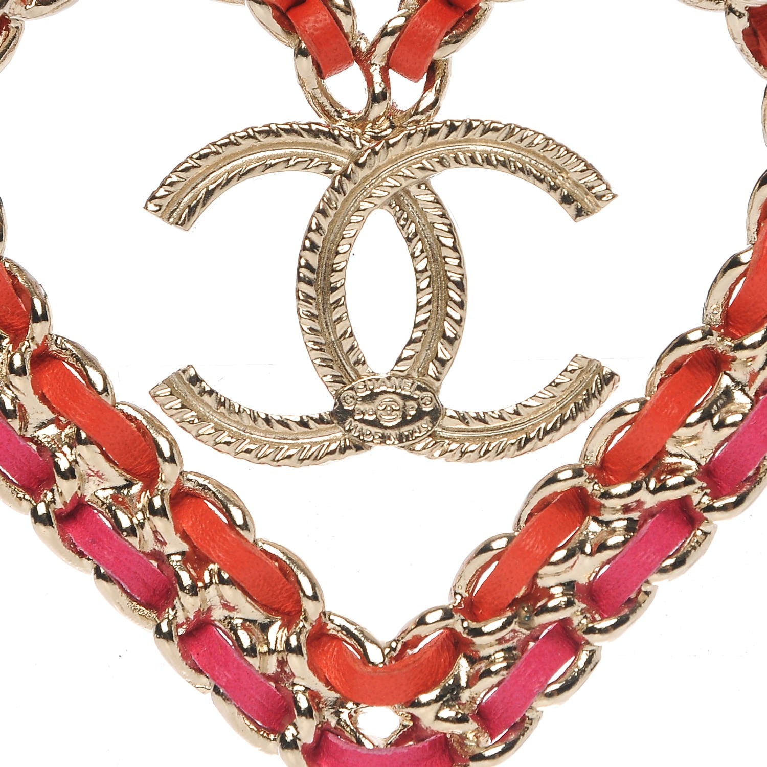 Chanel Metal Calfskin Braided Heart CC Brooch Pink Red Gold 4 of 5