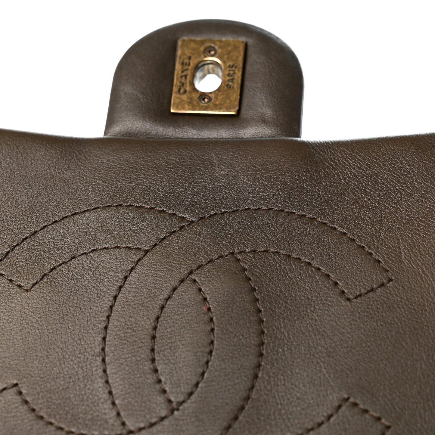 Calfskin Quilted Medium Gold Bar Top Handle Flap Dark Khaki