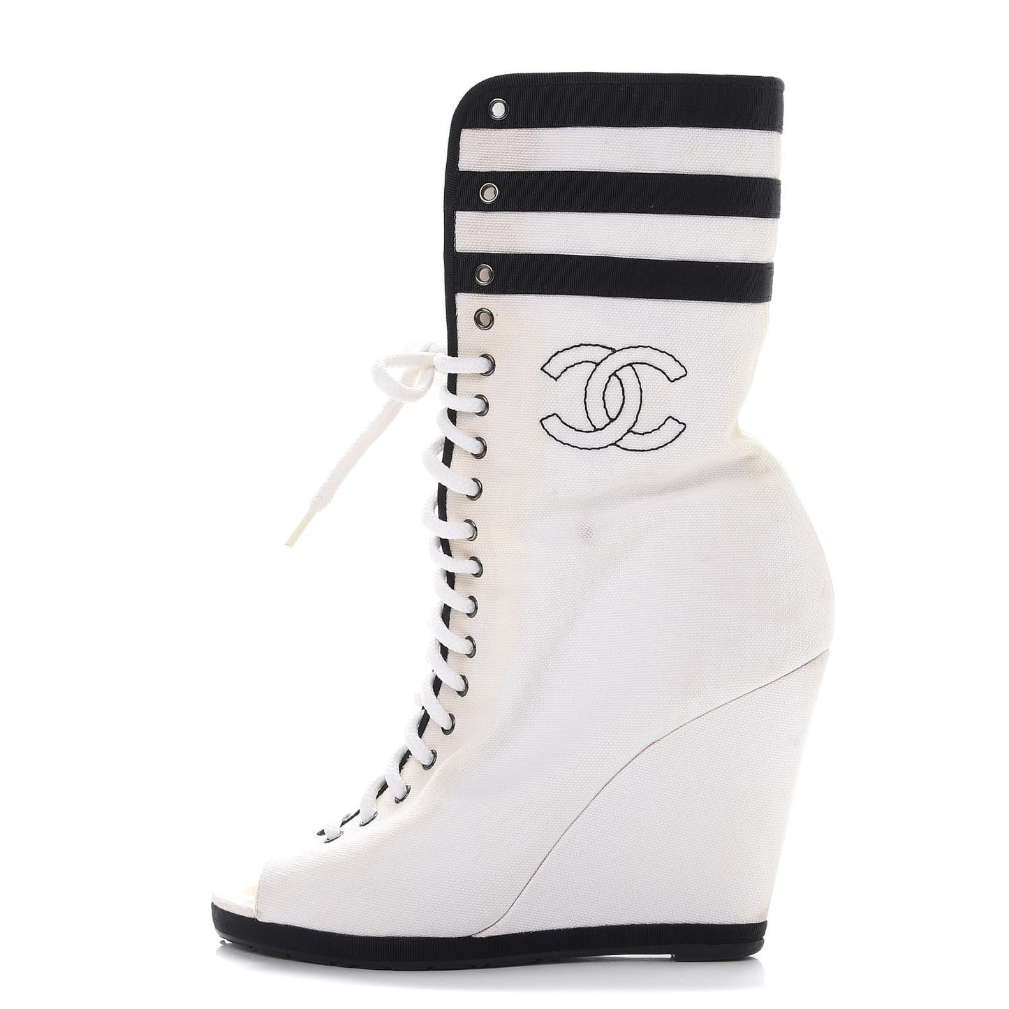 Canvas Lace Up Wedge Boots 37.5 White Black