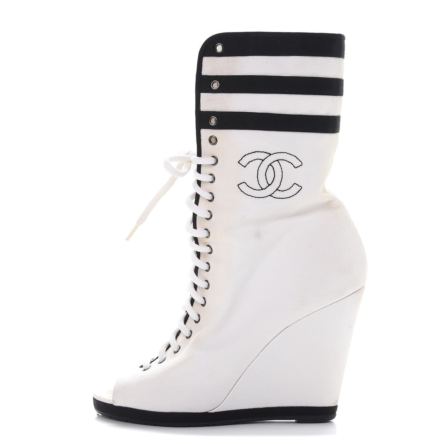 Chanel Canvas Lace Up Wedge Boots 37.5 White Black 1 of 18
