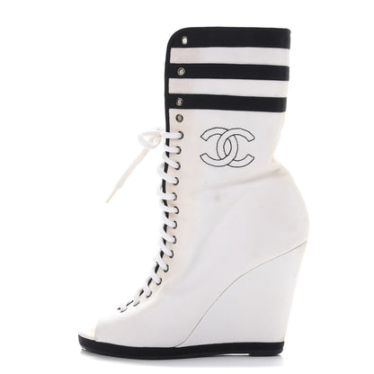 Chanel Canvas Lace Up Wedge Boots 37.5 White Black 1 of 18