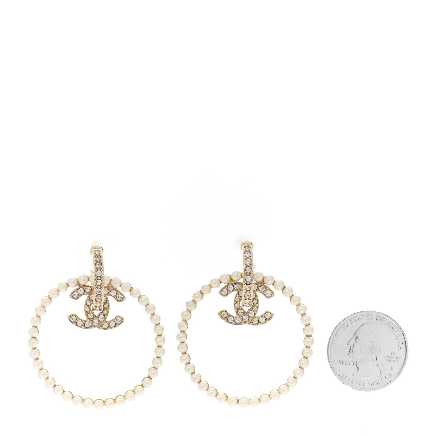 Chanel Crystal Pearl CC Door Knocker Hoop Earrings Gold Pearly White 2 of 5