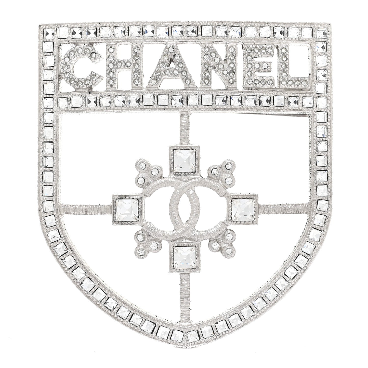 Chanel Swarovski Baguette Crystal CC Shield Brooch Silver 1 of 6