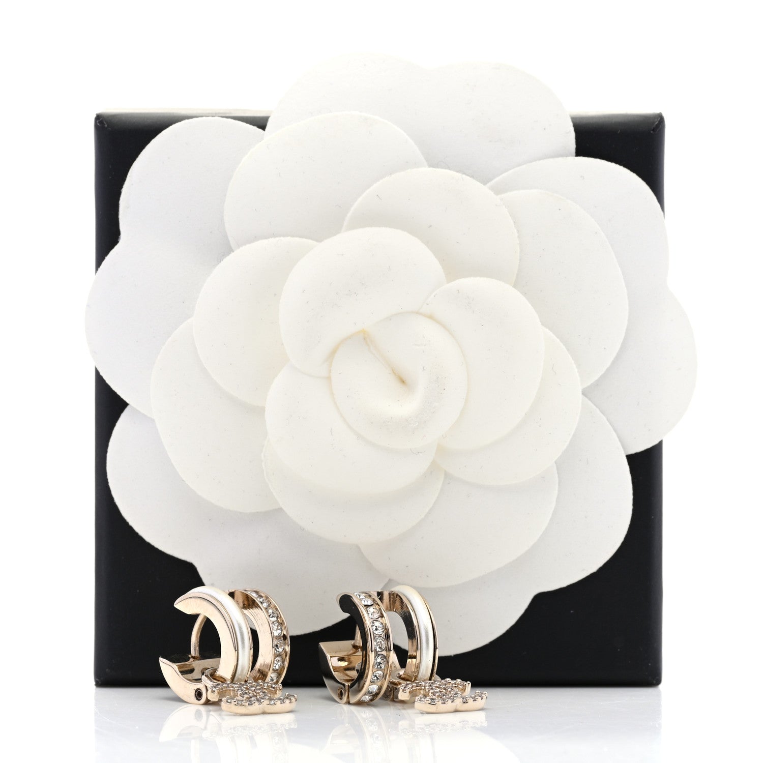 Chanel Crystal CC Hoop Drop Earrings Gold Pearly White 5 of 5