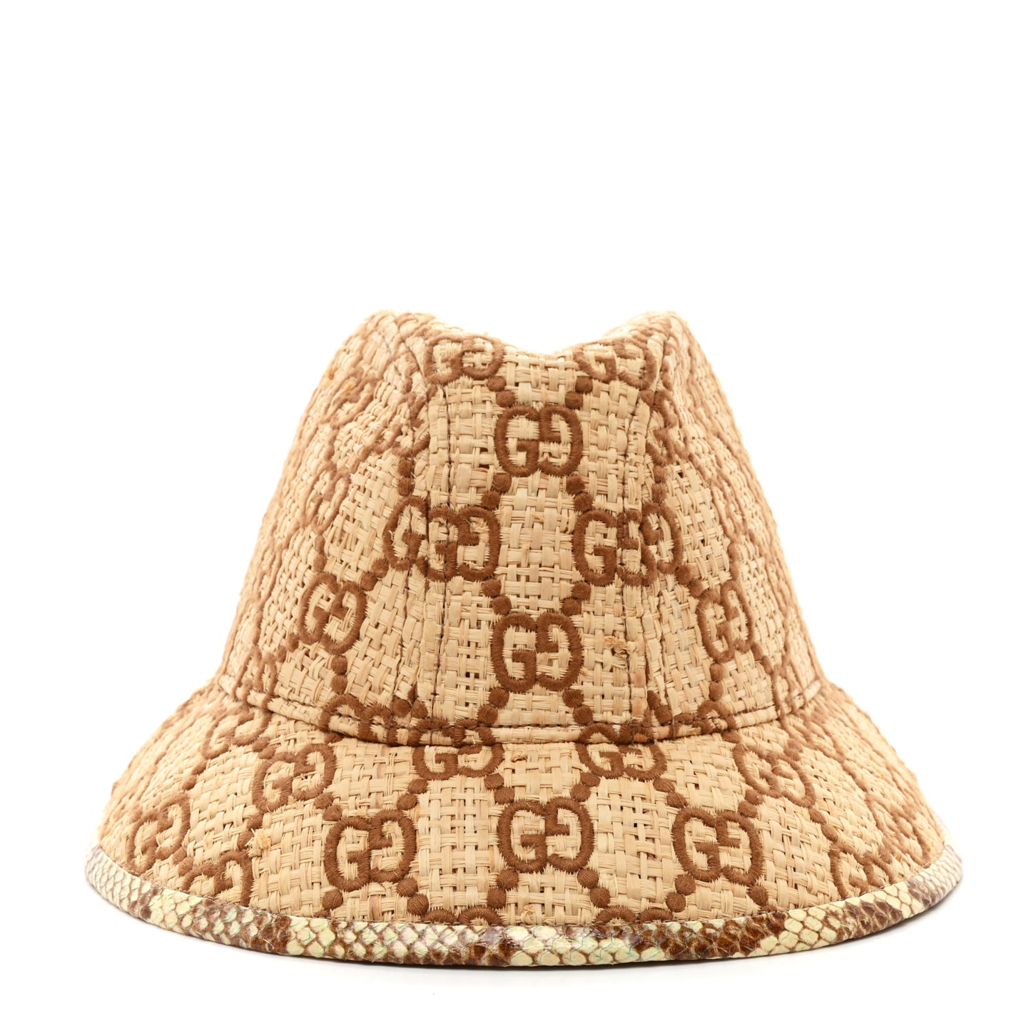 Raffia Elaphe GG Monogram Embroidered Basmaa Fedora Hat L Ivory Dark Brown