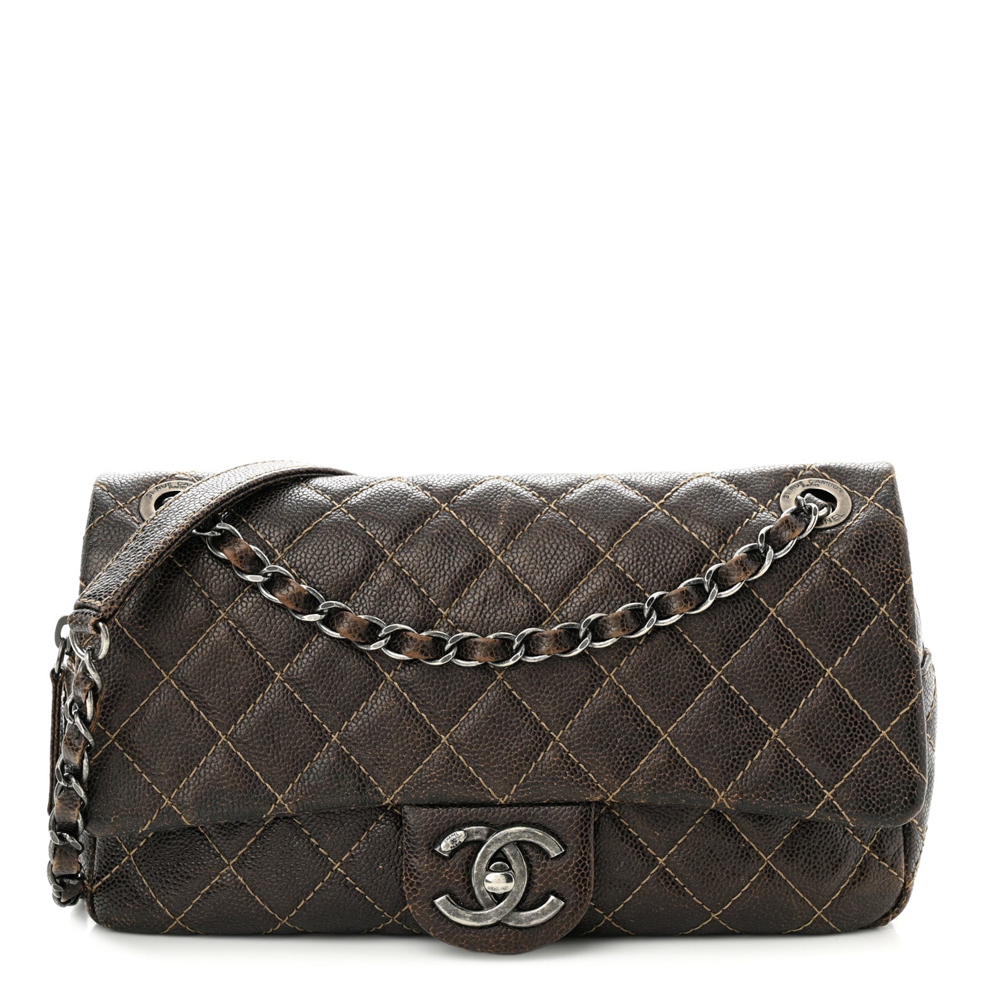 Iridescent Caviar Quilted Small Chic Flap Brown