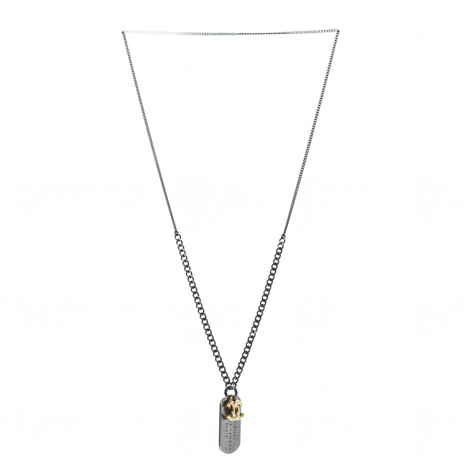 Chanel Ruthenium ID Dog Tag Charm Necklace Silver Gold 3 of 5