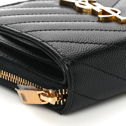 Saint Laurent Grain De Poudre Matelasse Chevron Monogram Compact Zip Around Wallet Black 9 of 11