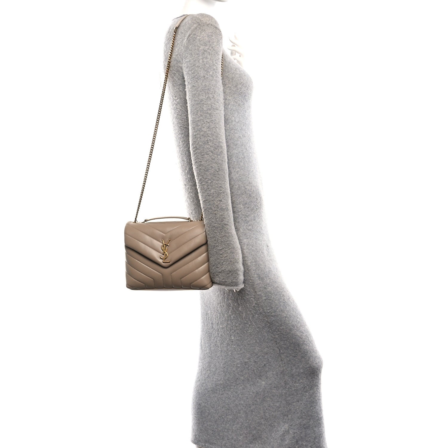 Saint Laurent Calfskin Y Quilted Monogram Small Loulou Chain Satchel Dark Beige Dark Beige 2 of 12