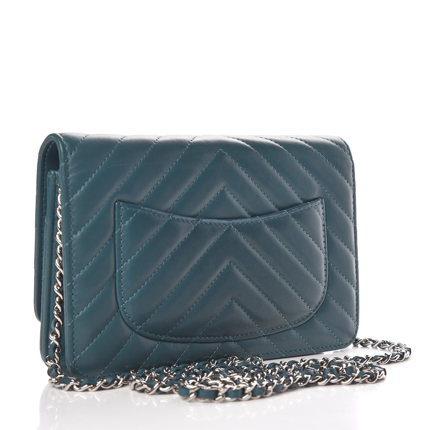 Chanel Lambskin Chevron Quilted Wallet On Chain WOC Blue 3 of 15