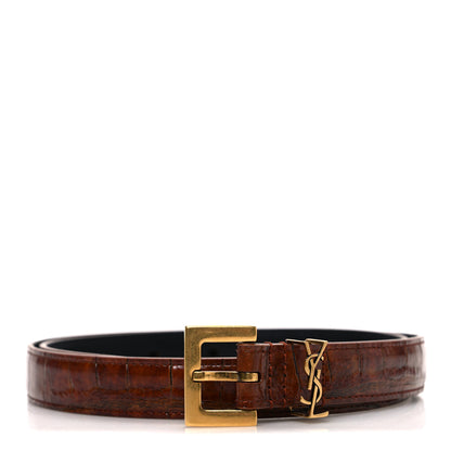 Saint Laurent Calfskin Crocodile Embossed Monogram Square Buckle Belt 70 28 Brown 1 of 6