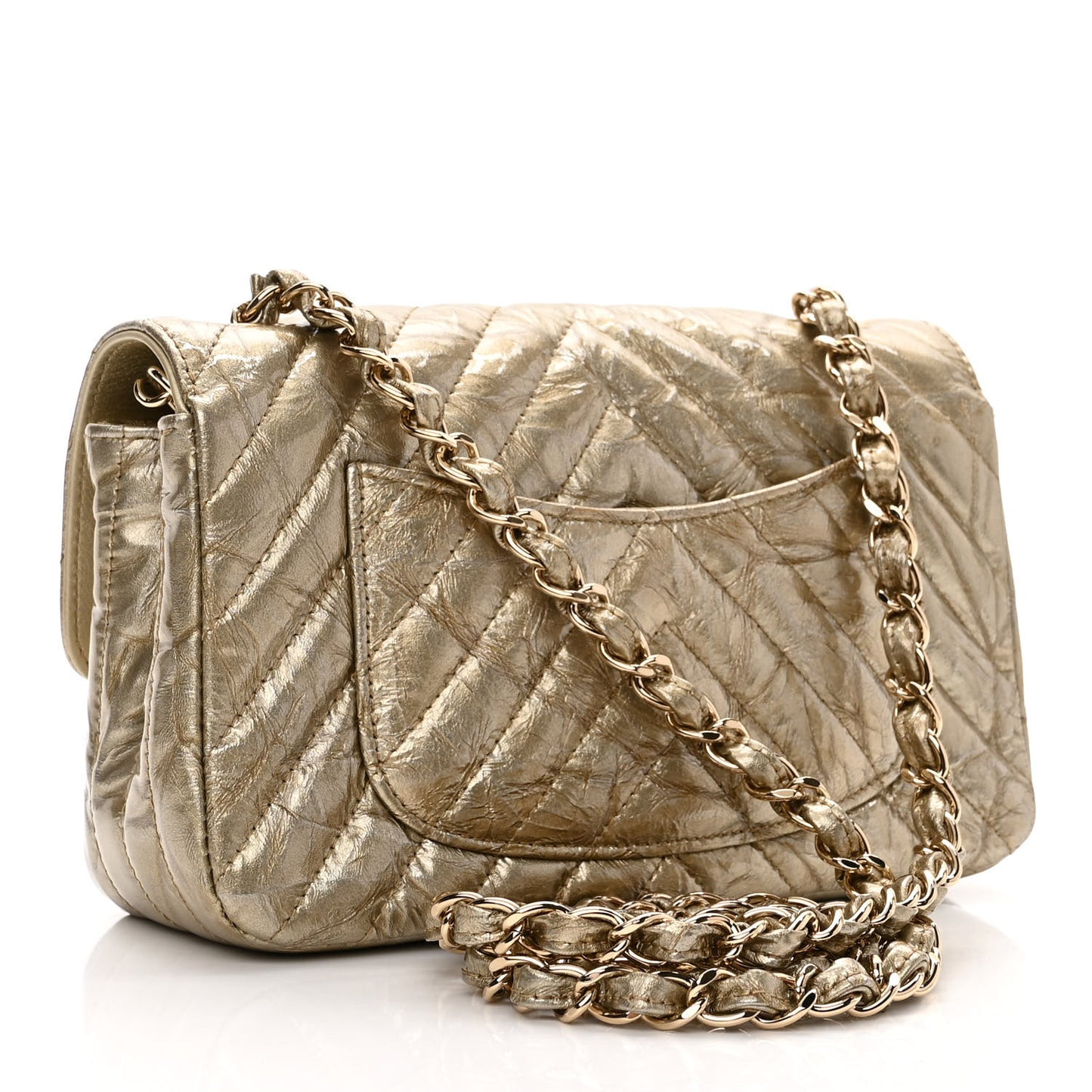 Patent Metallic Crumpled Calfskin Chevron Quilted Mini Rectangular Flap Gold