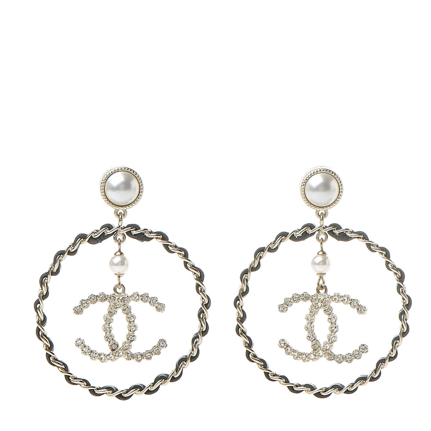 Lambskin Crystal Pearl CC Chain Hoop Earrings Gold Black