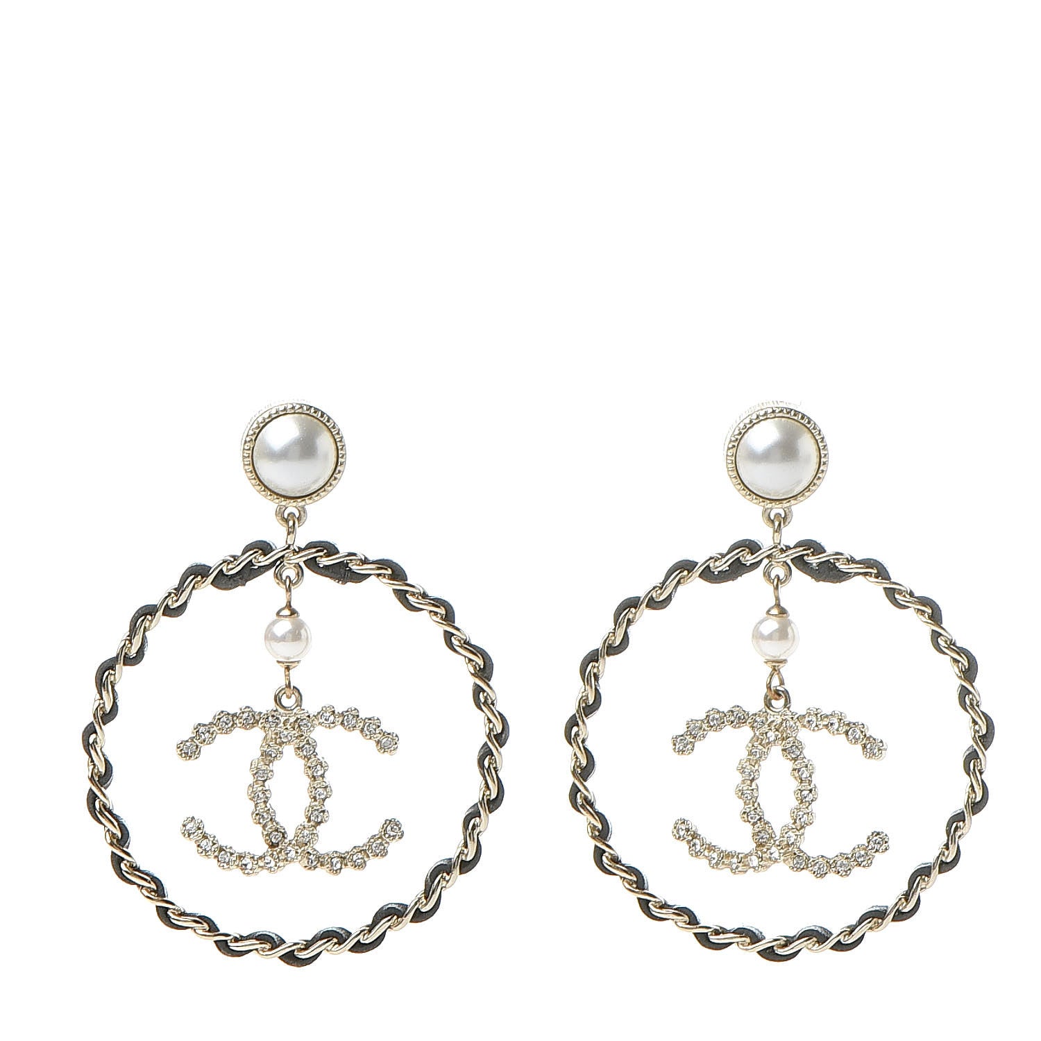 Chanel Lambskin Crystal Pearl CC Chain Hoop Earrings Gold Black 1 of 5