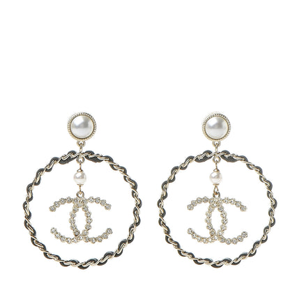 Chanel Lambskin Crystal Pearl CC Chain Hoop Earrings Gold Black 1 of 5