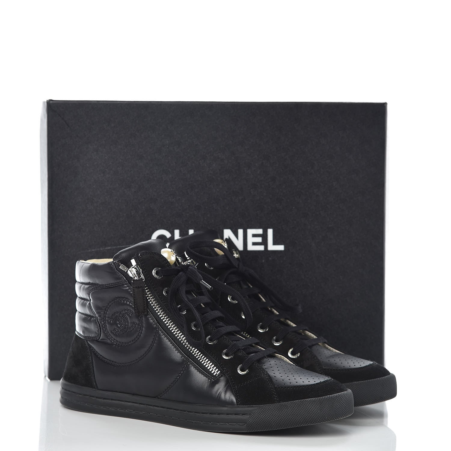 Chanel Calfskin Suede Zipped High Top CC Sneakers 38 Black 16 of 16