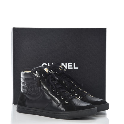 Chanel Calfskin Suede Zipped High Top CC Sneakers 38 Black 16 of 16