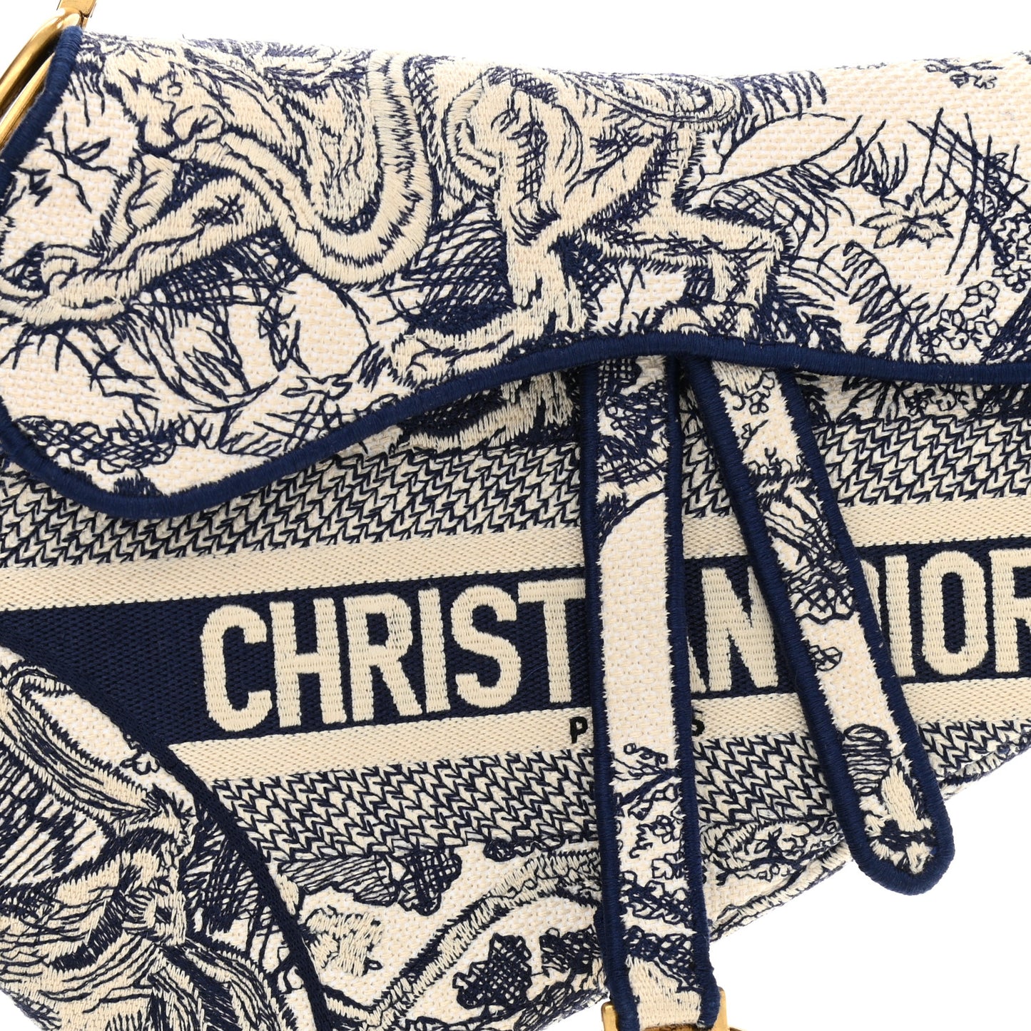 Canvas Embroidered Toile de Jouy Saddle Bag Blue