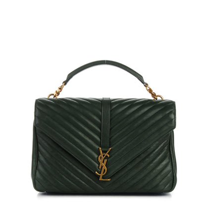 Saint Laurent Sheepskin Matelasse Chevron Monogram Large College Satchel Dark Green 1 of 6