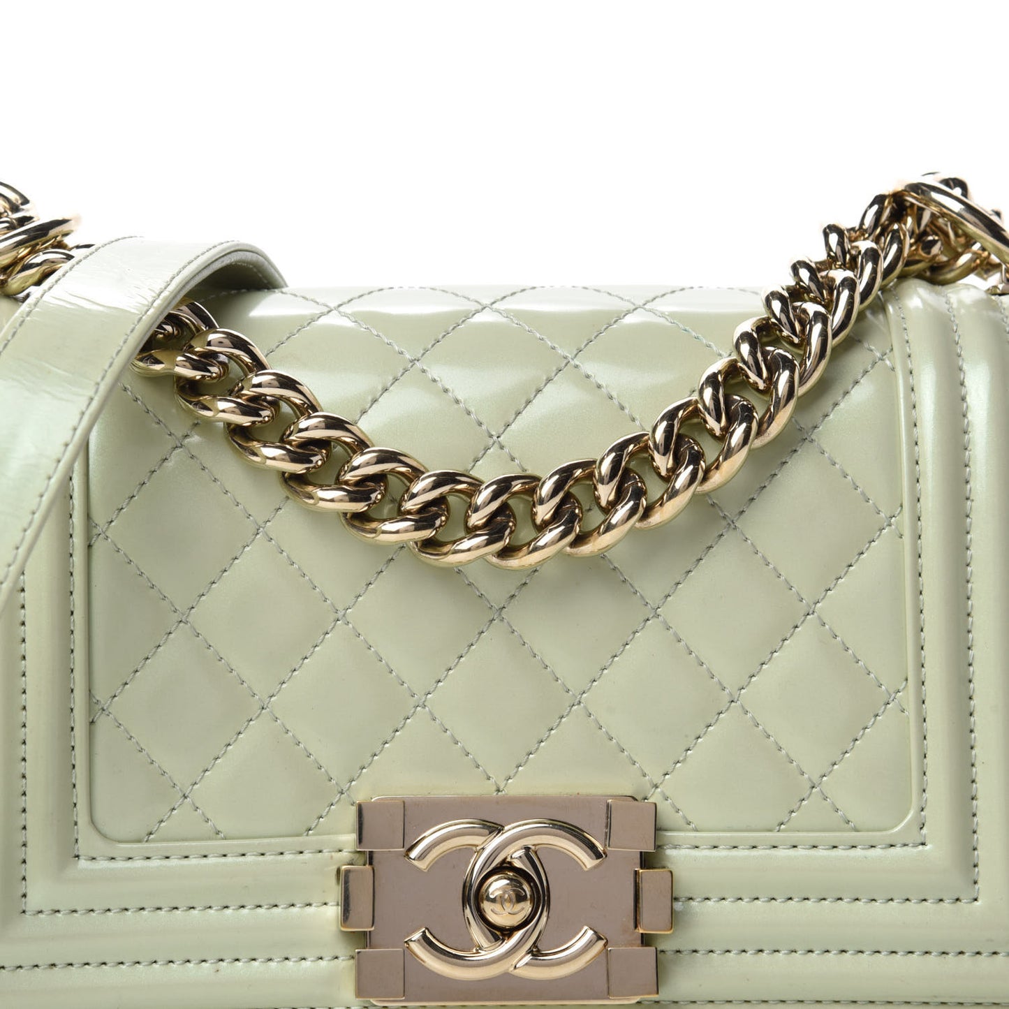 Iridescent Glazed Calfskin Quilted Small Boy Flap Light Green