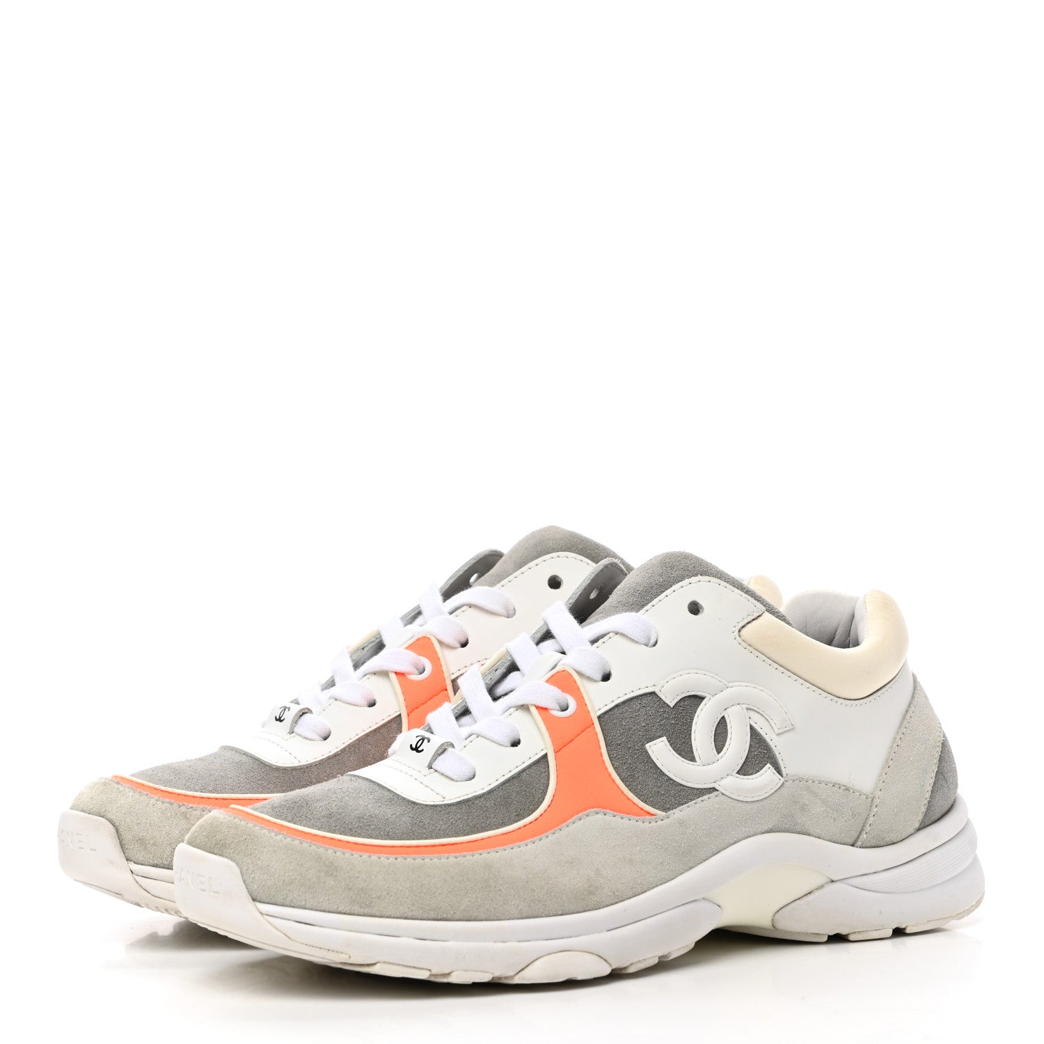 Chanel Suede Calfskin Fabric CC Sneakers 40 White Grey Fluo Orange 3 of 8