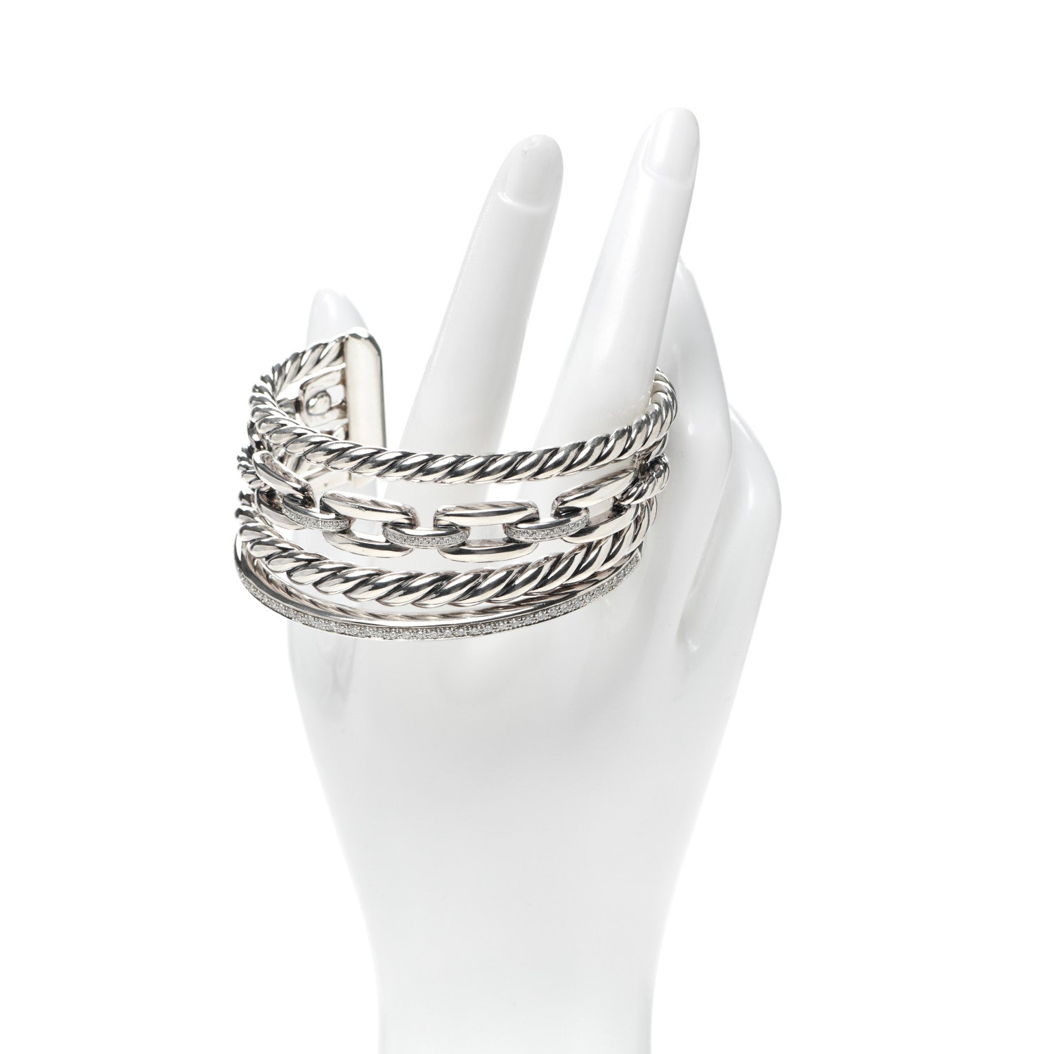 David Yurman Sterling Silver Diamond Wellesley Link Four-Row Cuff Bracelet 2 of 4