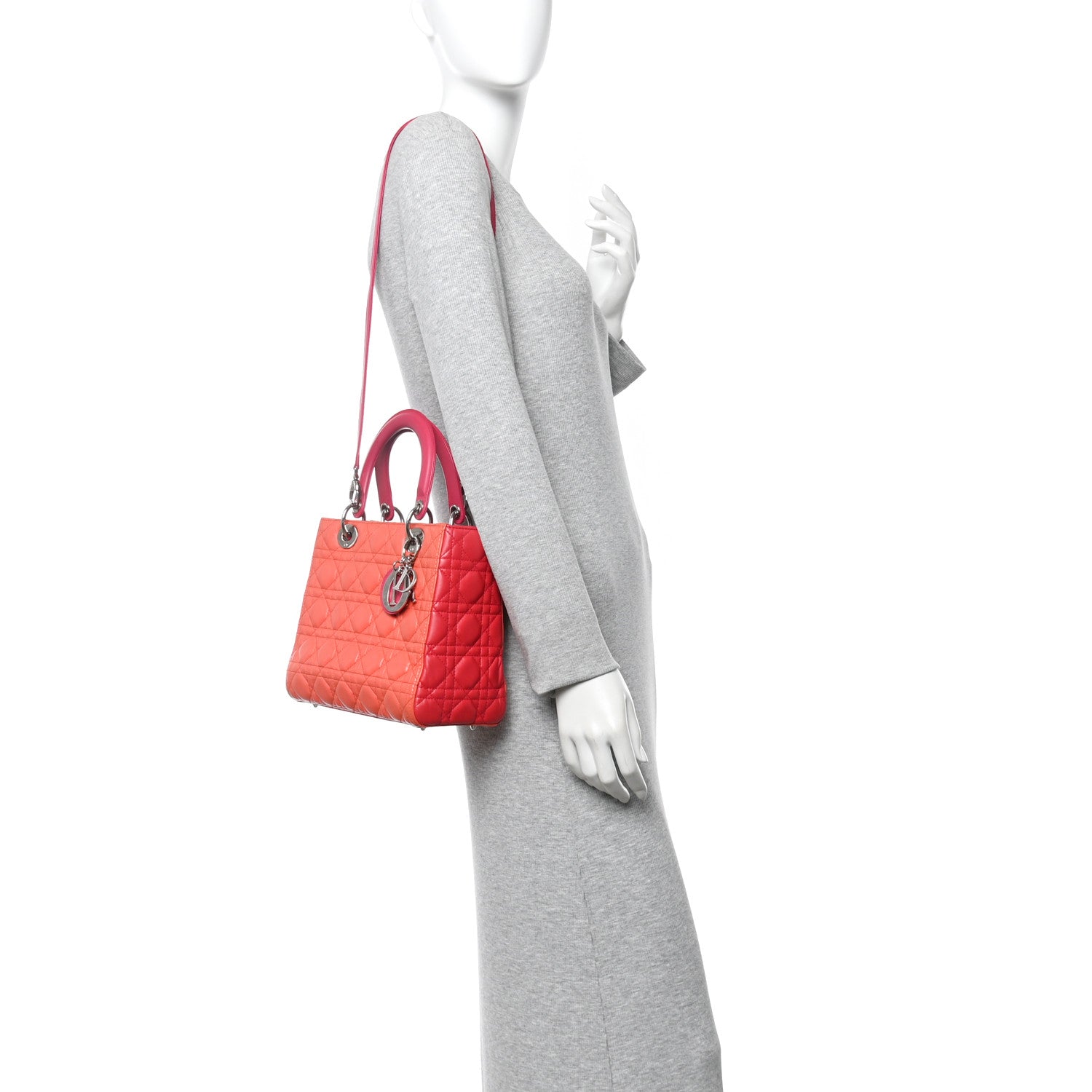 Christian Dior Lambskin Cannage Medium Bi-Color Lady Dior Orange Fuchsia 2 of 14