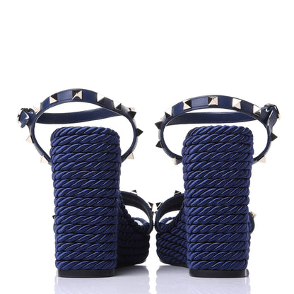 Valentino Garavani Calfskin Rockstud Torchon Espadrille Wedge Sandals 37 Pure Blue 6 of 10