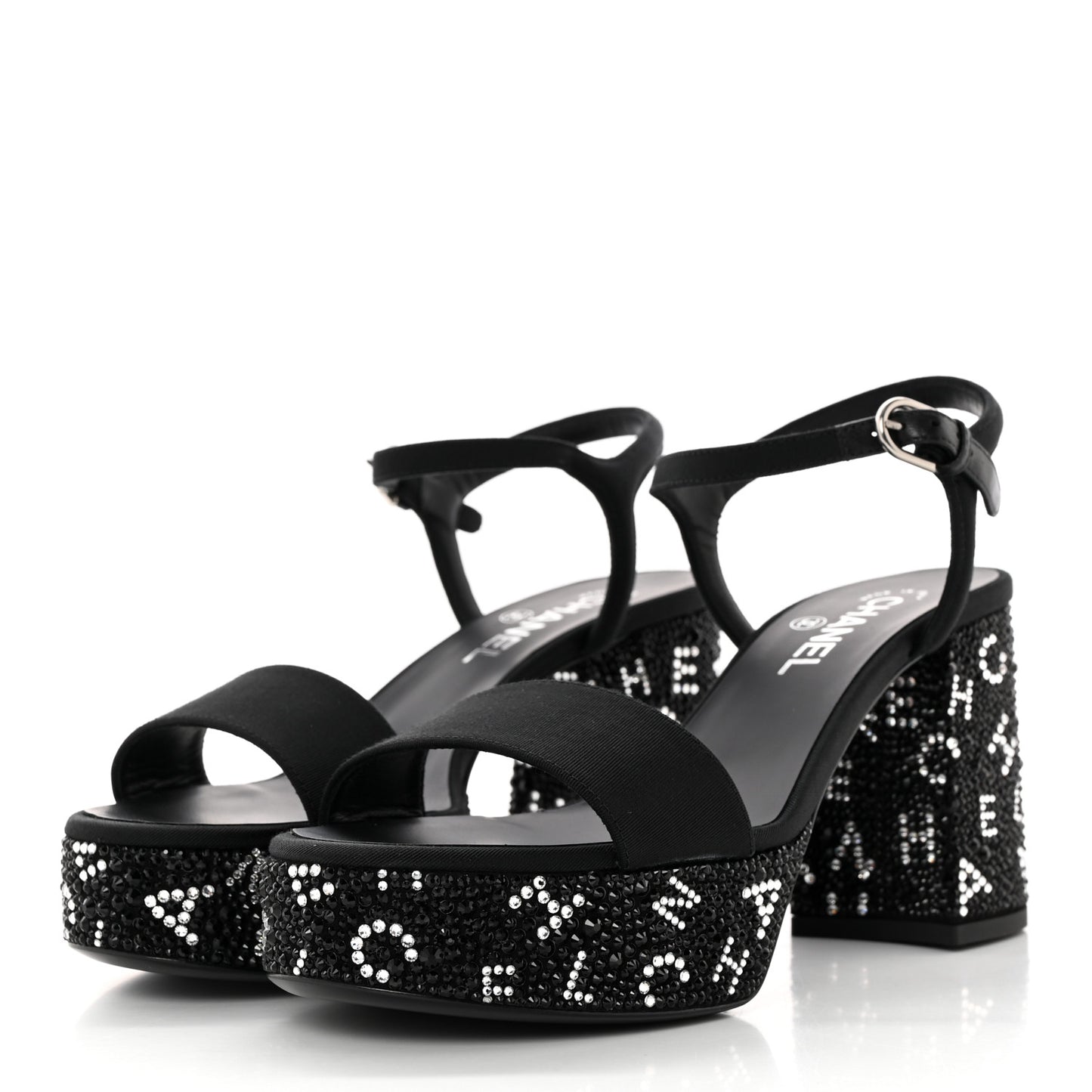 Grosgrain Strass Logo Platform Sandals 39 Black Silver