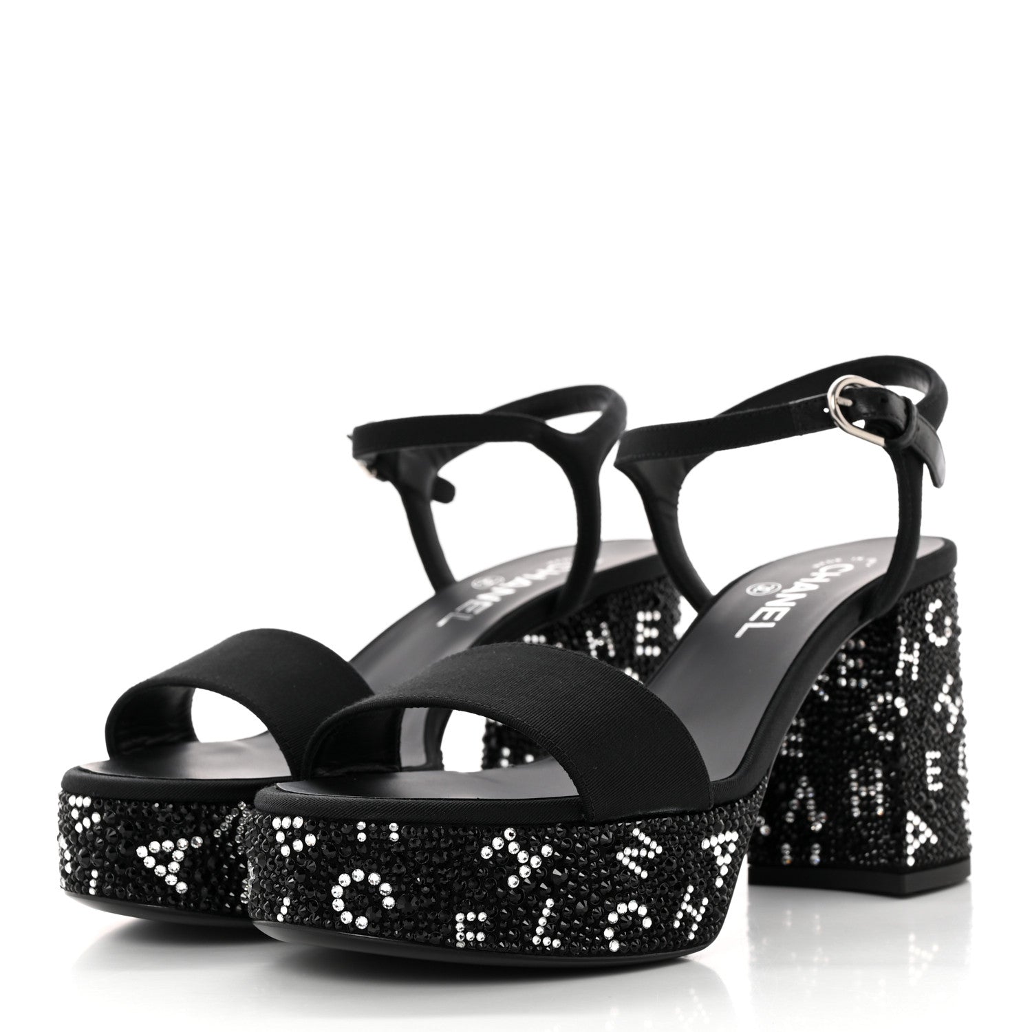 Chanel Grosgrain Strass Logo Platform Sandals 39 Black Silver 3 of 11