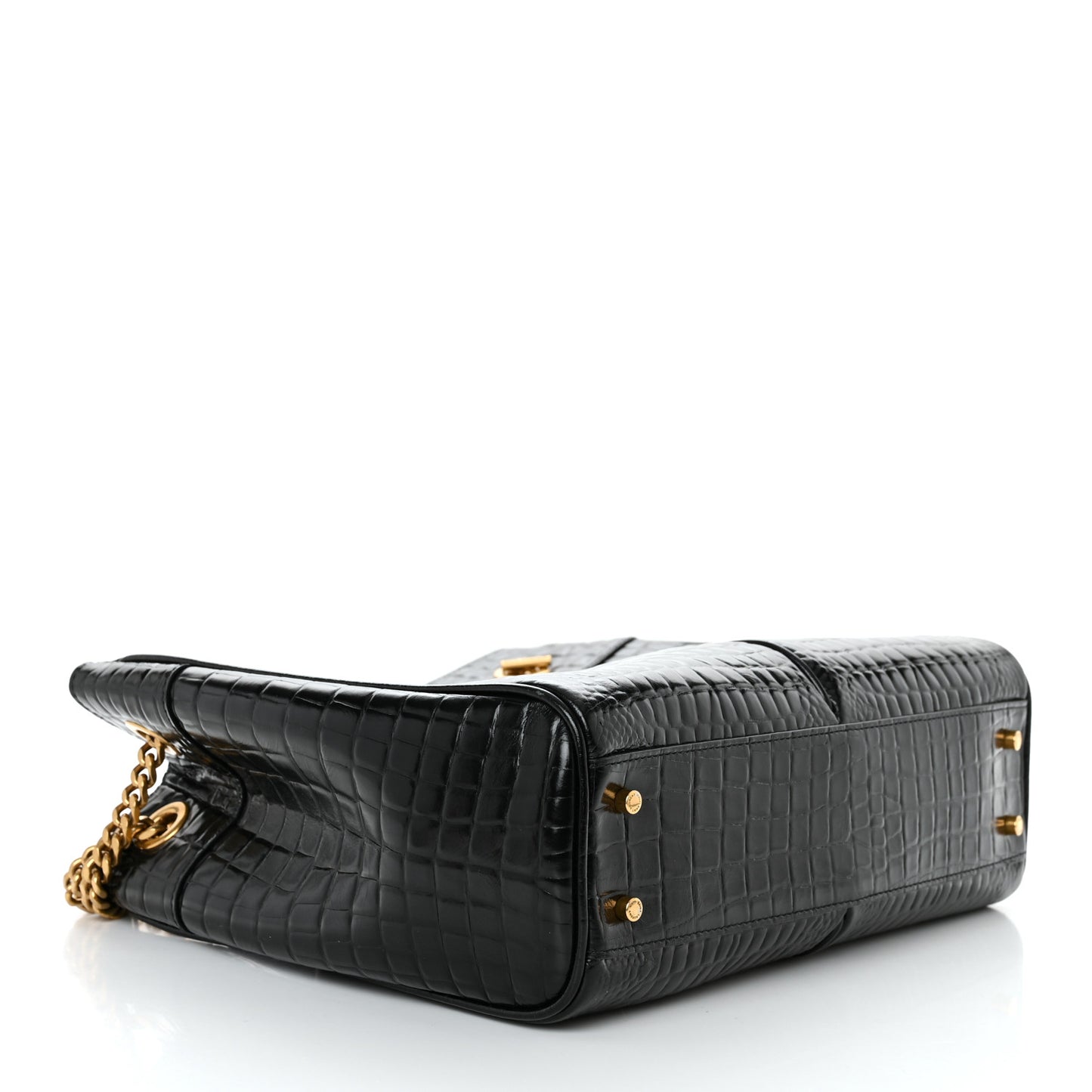 Shiny Calfskin Crocodile Embossed Claude Tote Black