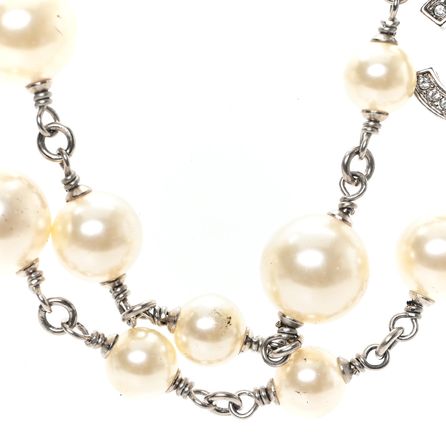 Graduated Pearl Crystal CC Long Necklace Silver