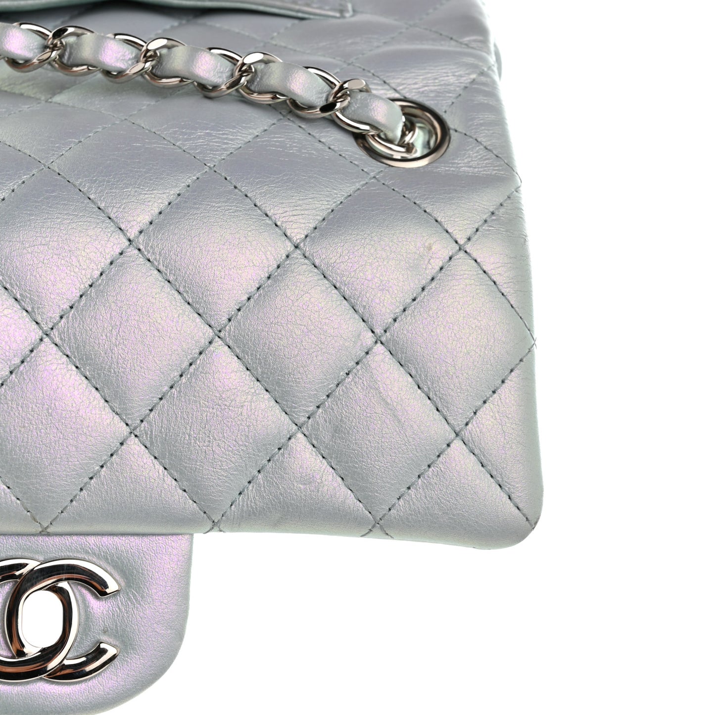 Iridescent Calfskin Quilted Mini Rectangular Flap Light Blue