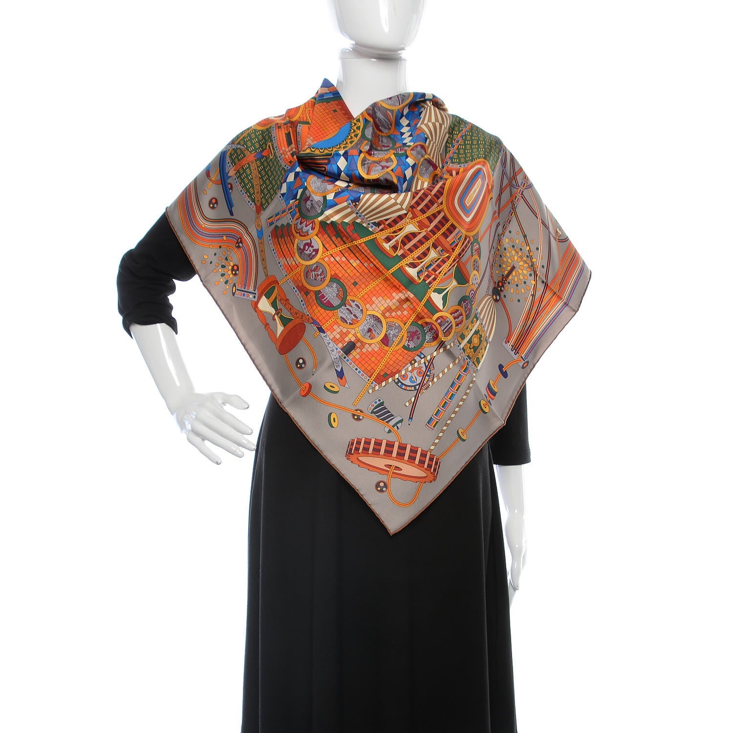 Hermes Silk La Laboratoire du Temps Scarf 90 Etoupe Bleu Caramel 2 of 6