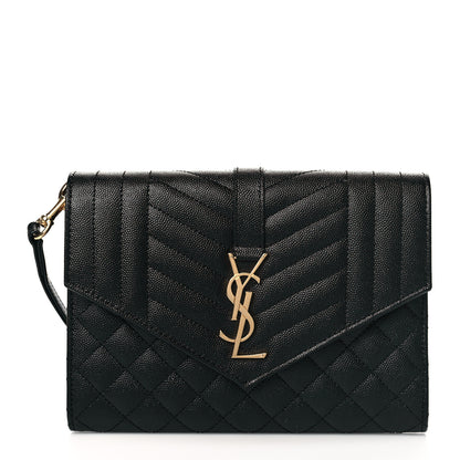 Saint Laurent Grain De Poudre Textured Mixed Matelasse Triquilt Monogram Clutch Black 1 of 11