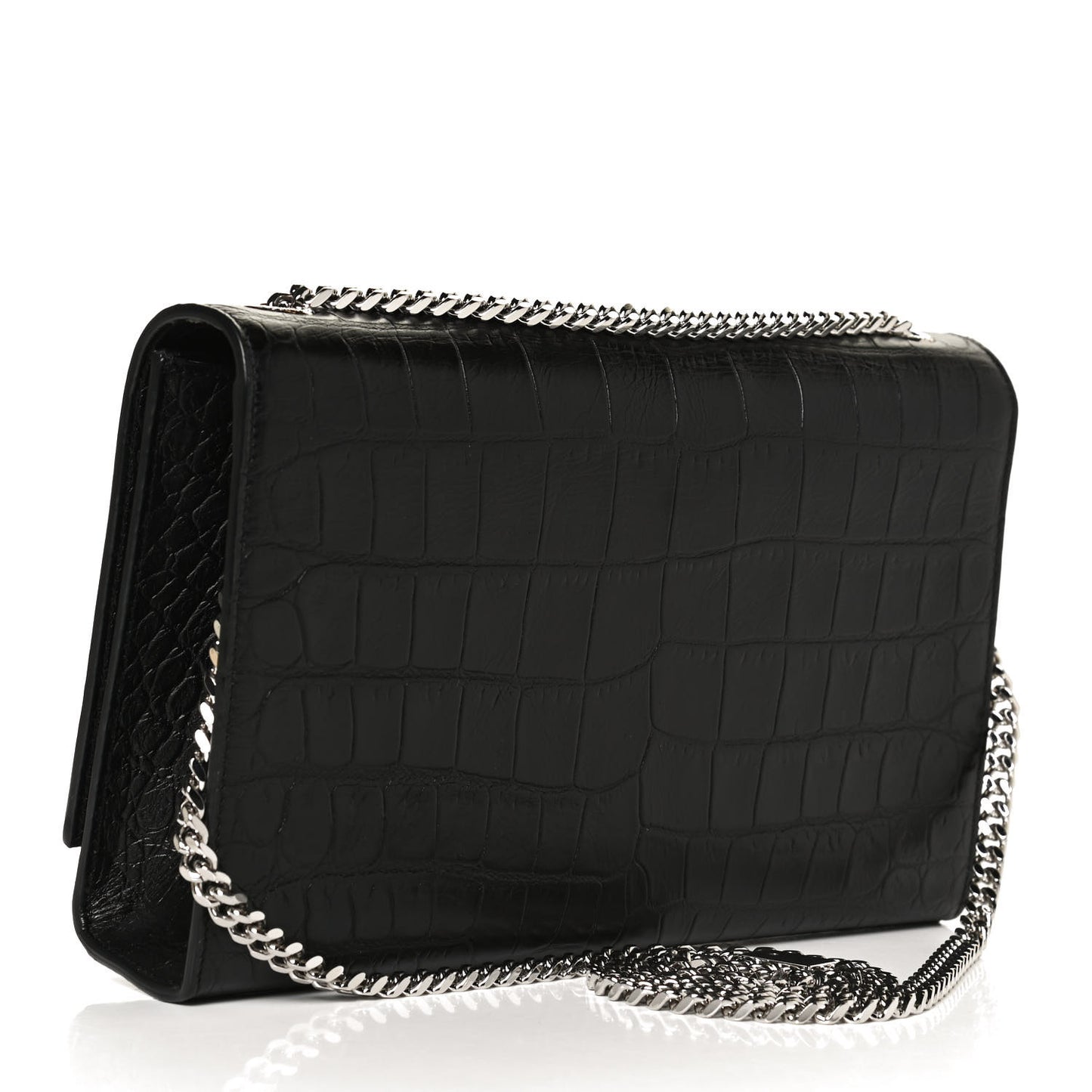 Calfskin Crocodile Embossed Medium Classic Monogram Kate Tassel Satchel Black